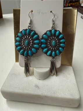 Turquoise Floral Drop Earrings - Silver-Tone